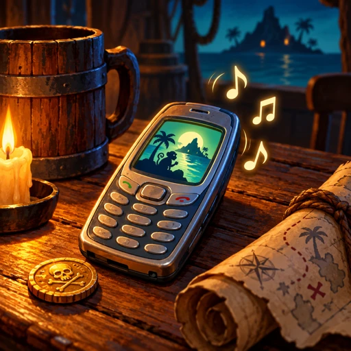 A cell phone rings on a pirate table, among musical notes, a map and a doubloon