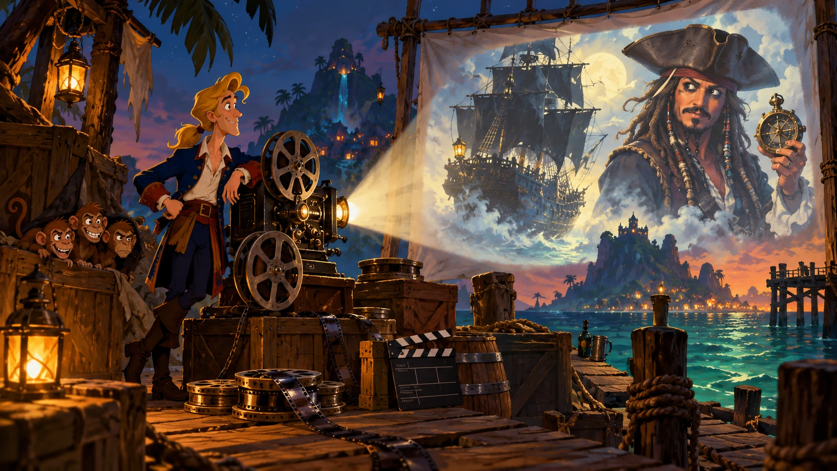 Guybrush bringt Kino an den Hafen, zwischen schwarzen Segeln und karibischen Legenden.
