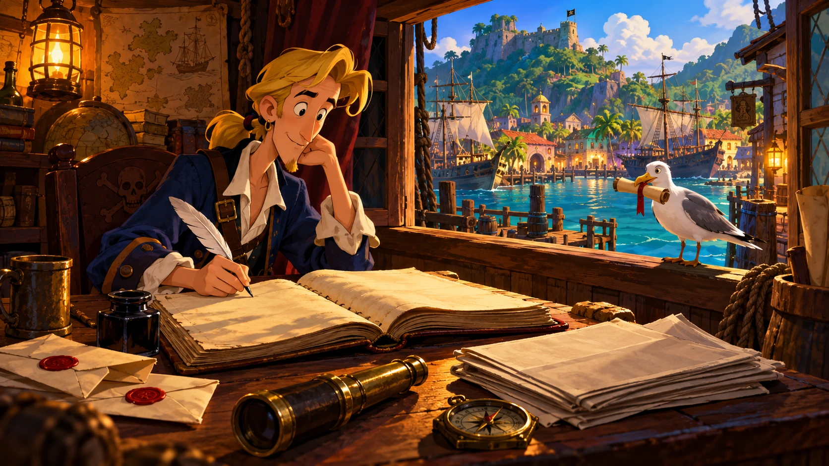 Guybrush schreibt in der Kabine eines Schiffes in das Logbuch, während Briefe und Nachrichten aus dem Hafen eintreffen