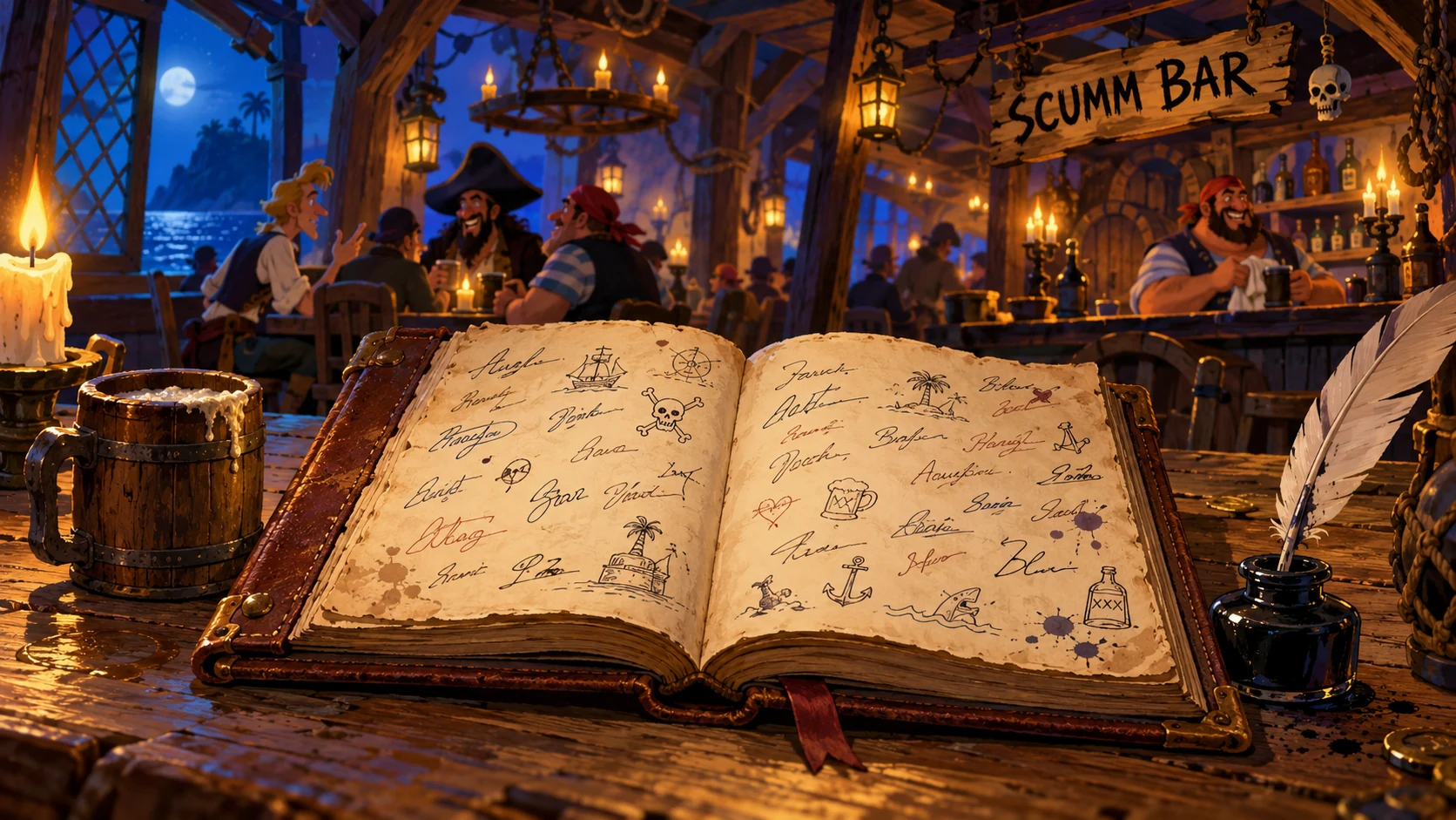 Un libro delle firme aperto sul tavolo dello Scumm Bar, con penna, calamaio e pirati nella luce delle lanterne.