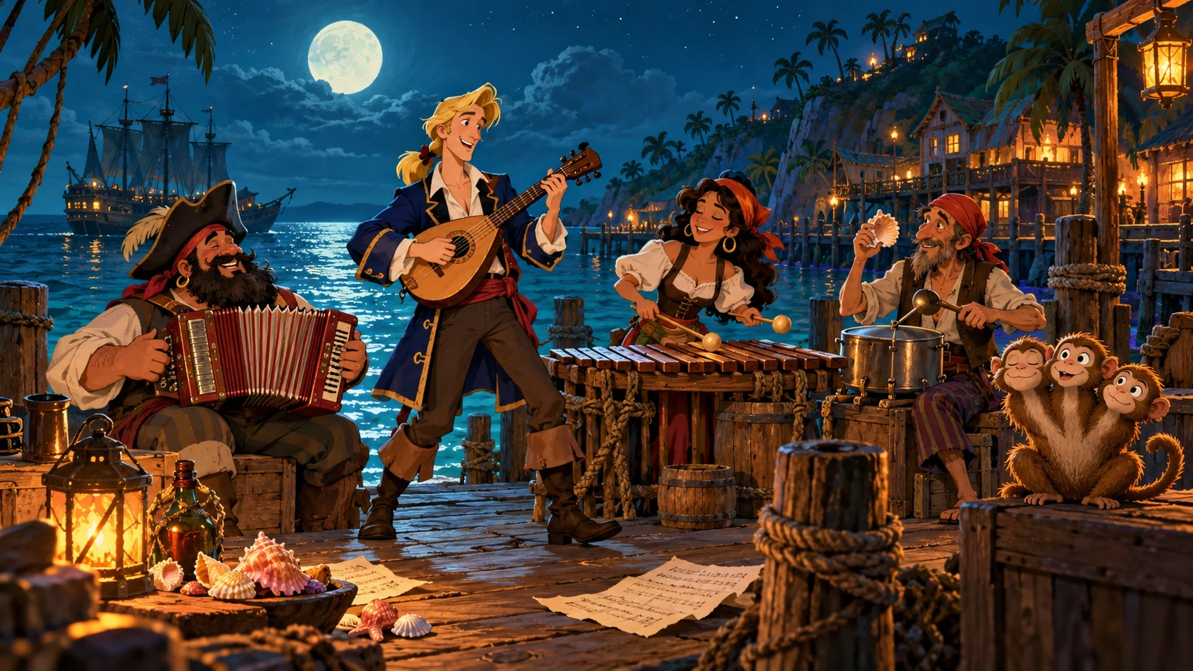 Una piccola orchestra piratesca dà voce alle isole.