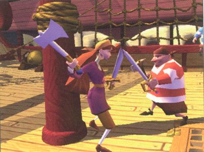 Elaine envolvido em um duelo no convés de um navio em Escape from Monkey Island