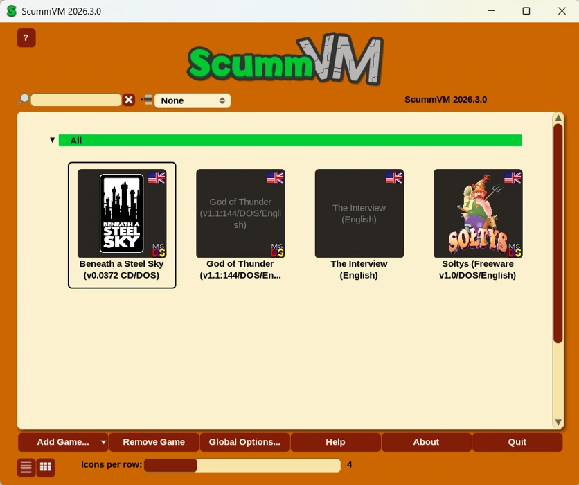 La biblioteca di ScummVM: interfaccia reale dalla documentazione ufficiale.